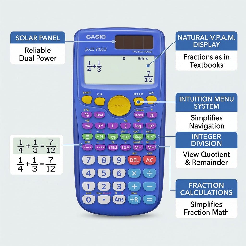 Casio fx-55 PLUS calculator features including solar power, textbook display, and fraction math.