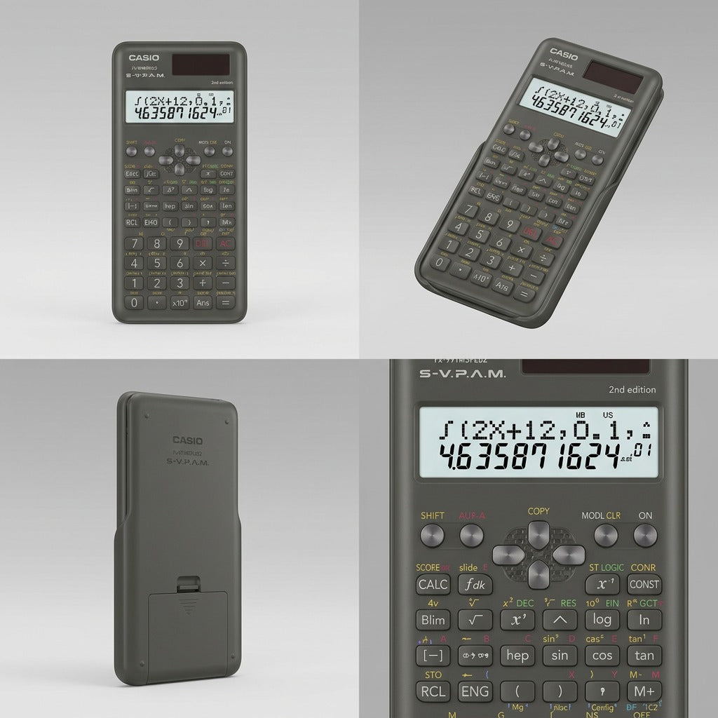 Four-grid view of the Casio FX-991MSPLUS2 showing front, angled, back, and display close-up.