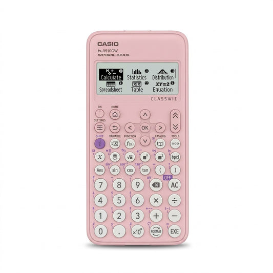Front view of a pink Casio FX-9910CW ClassWiz scientific calculator on a white background.