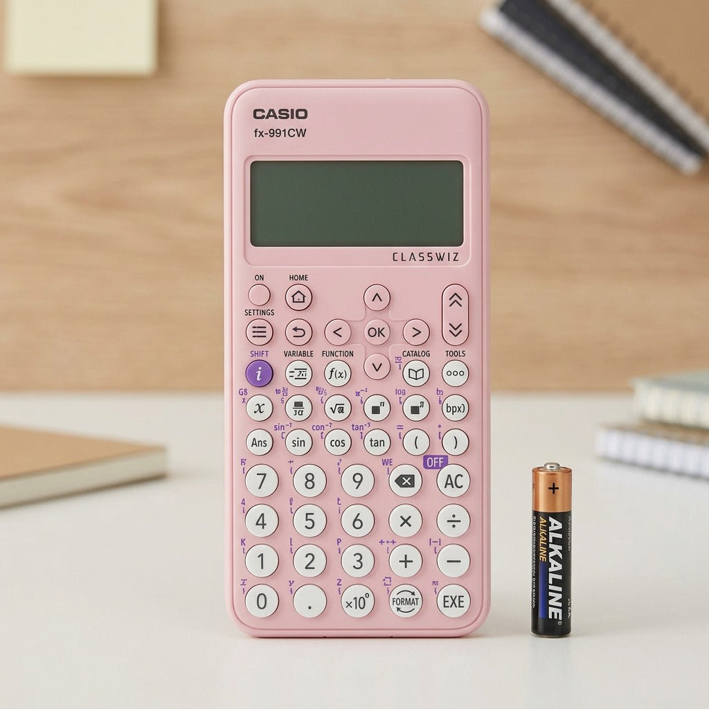 Pink Casio fx-991CW ClassWiz scientific calculator shown next to an AAA battery for scale.