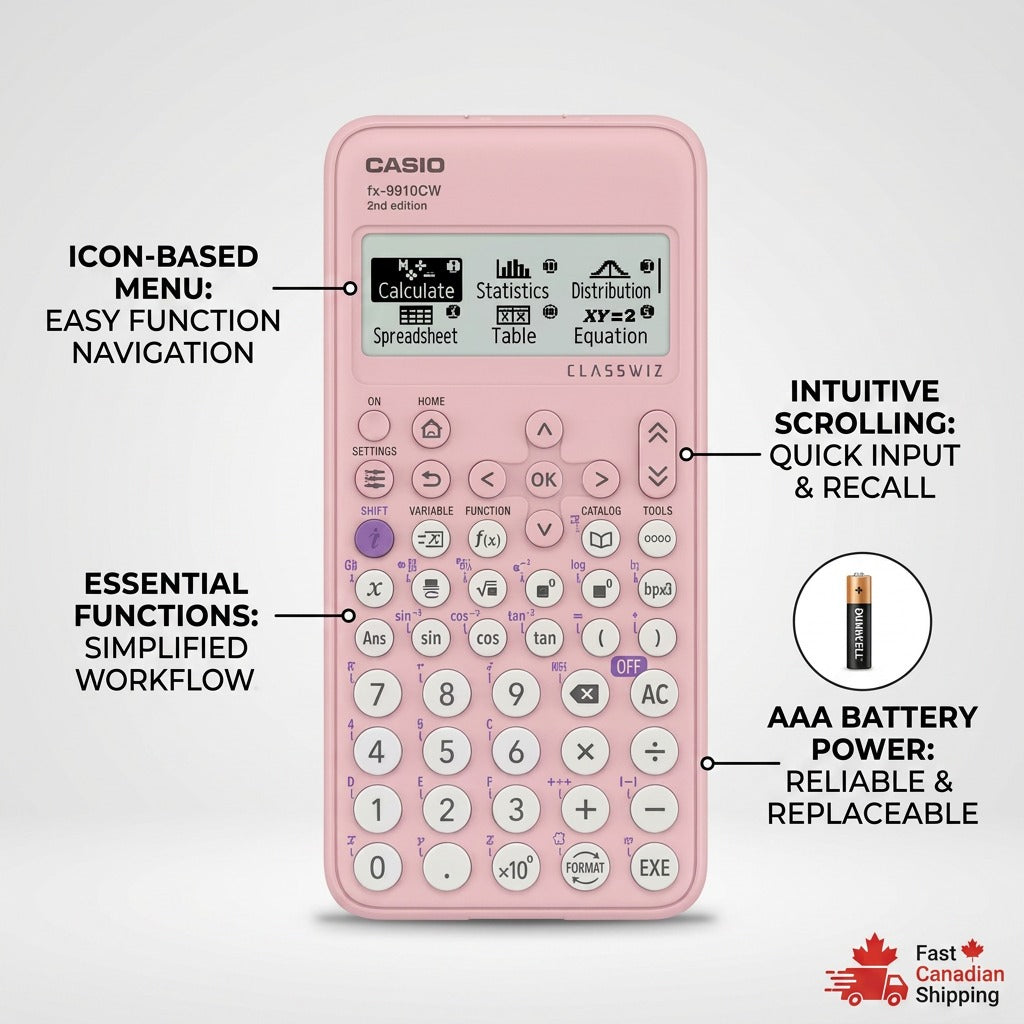 Pink Casio FX-9910CW calculator with feature callouts for menu navigation, workflow, and battery.