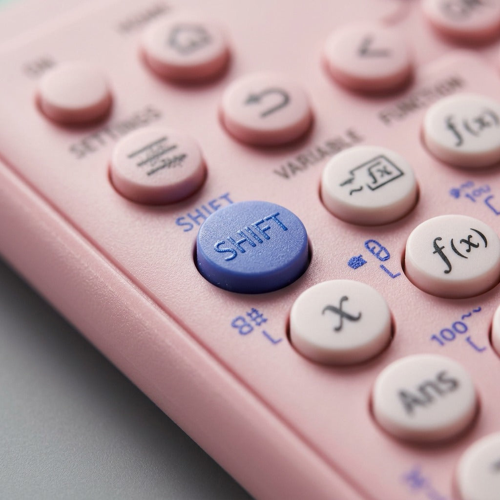 Macro detail of a pink Casio FX-9910CW calculator showing the blue SHIFT key and tactile buttons.