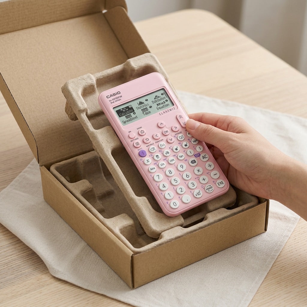 Unboxing a pink Casio FX-991CW calculator from protective molded pulp packaging and a sturdy carboard box.