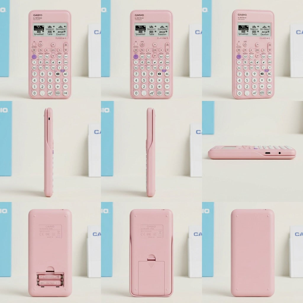 Grid of nine views of a pink Casio FX-9910CW scientific calculator from multiple angles and sides.