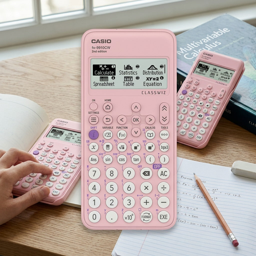 Pink Casio FX-9910CW ClassWiz scientific calculator on a study desk with notes and a textbook.