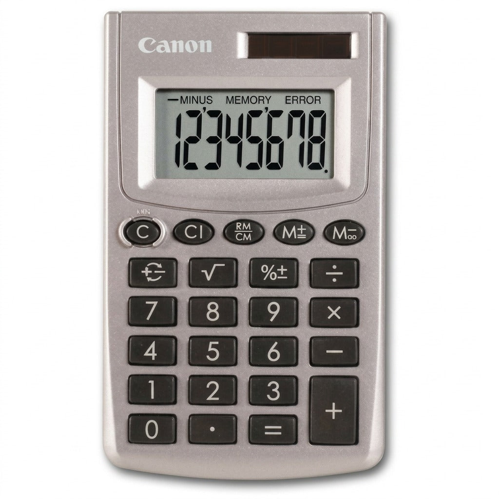 Canon LS-270L 8-digit pocket calculator with silver finish, solar panel, and large LCD display.