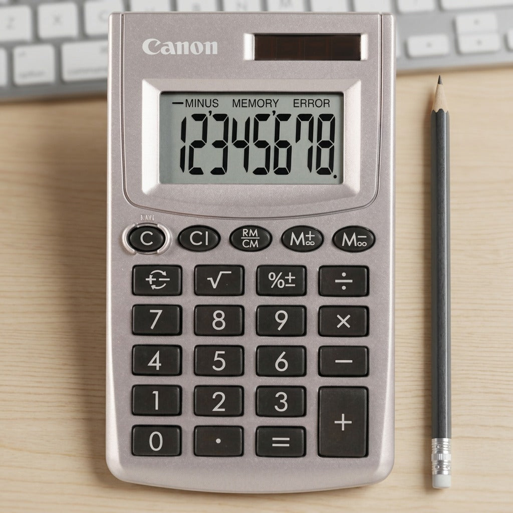 Scale reference: Canon LS-270L pocket calculator on a desk next to a pencil and keyboard.