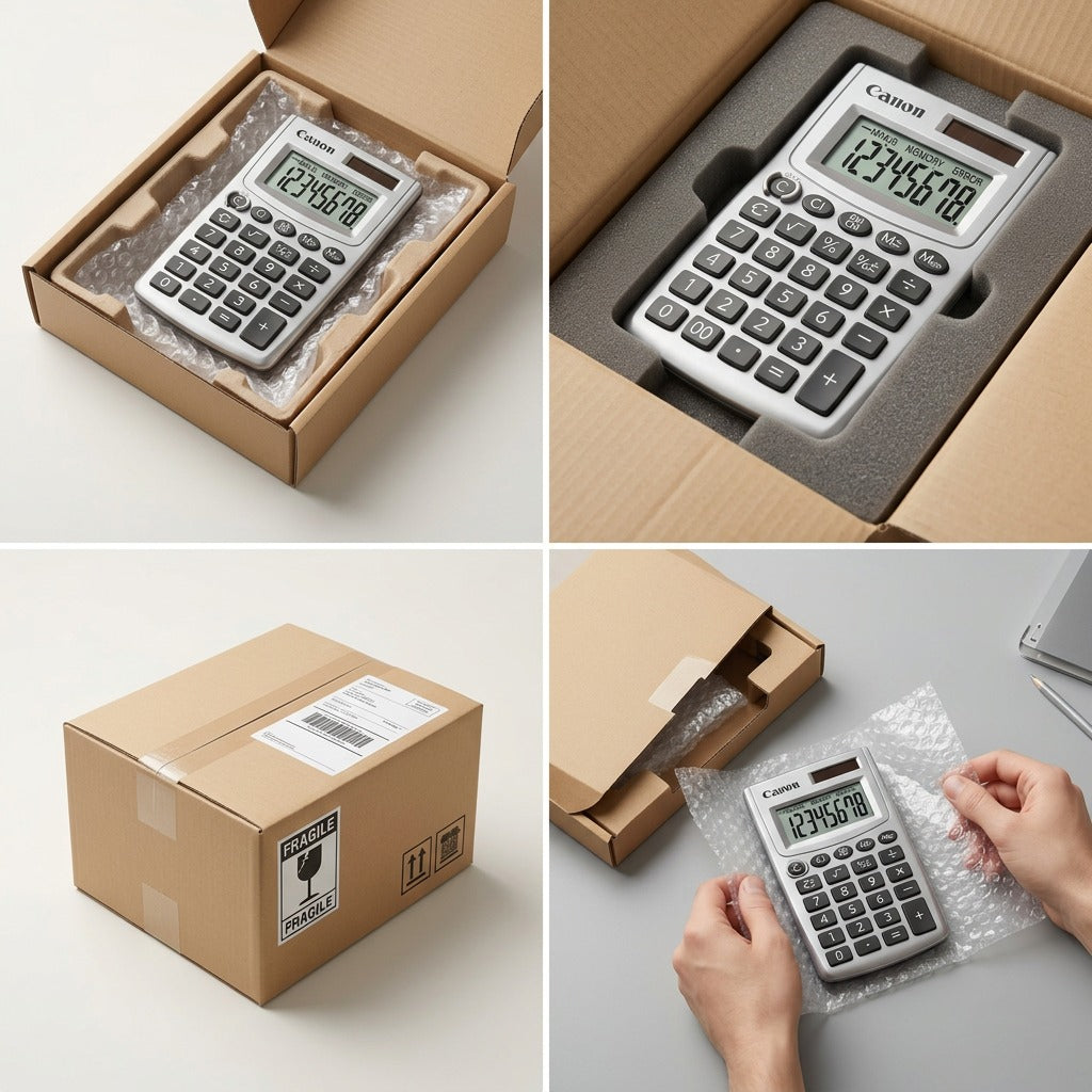Canon LS-270L calculator shown in secure shipping packaging with bubble wrap and protective foam.