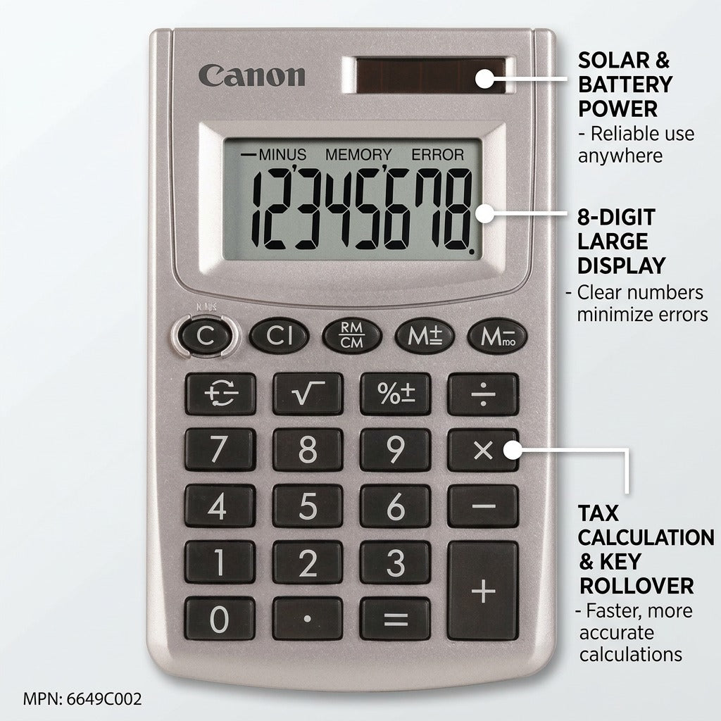 Canon LS-270L calculator with labels for dual solar power, 8-digit display, and tax calculation.