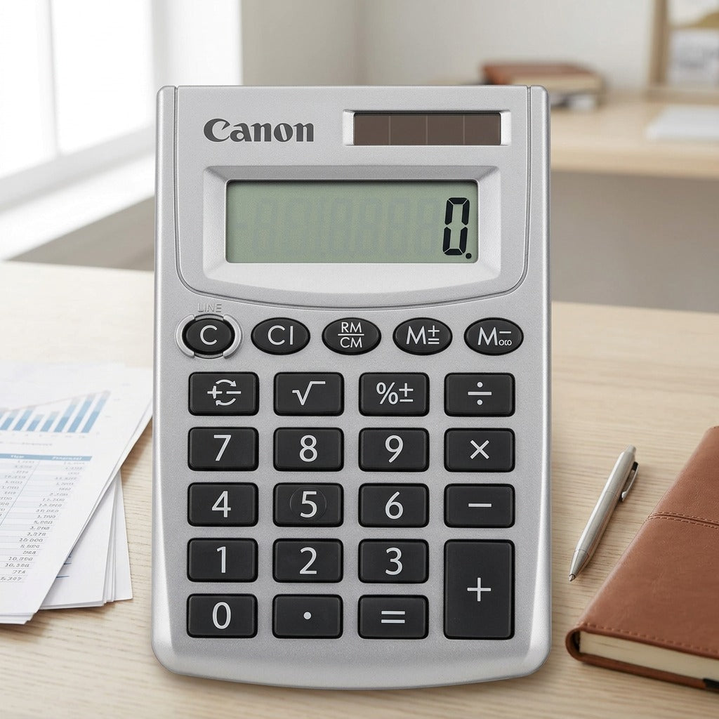 Silver Canon LS-270L 8-digit pocket calculator on a wooden desk with a notebook and pen.