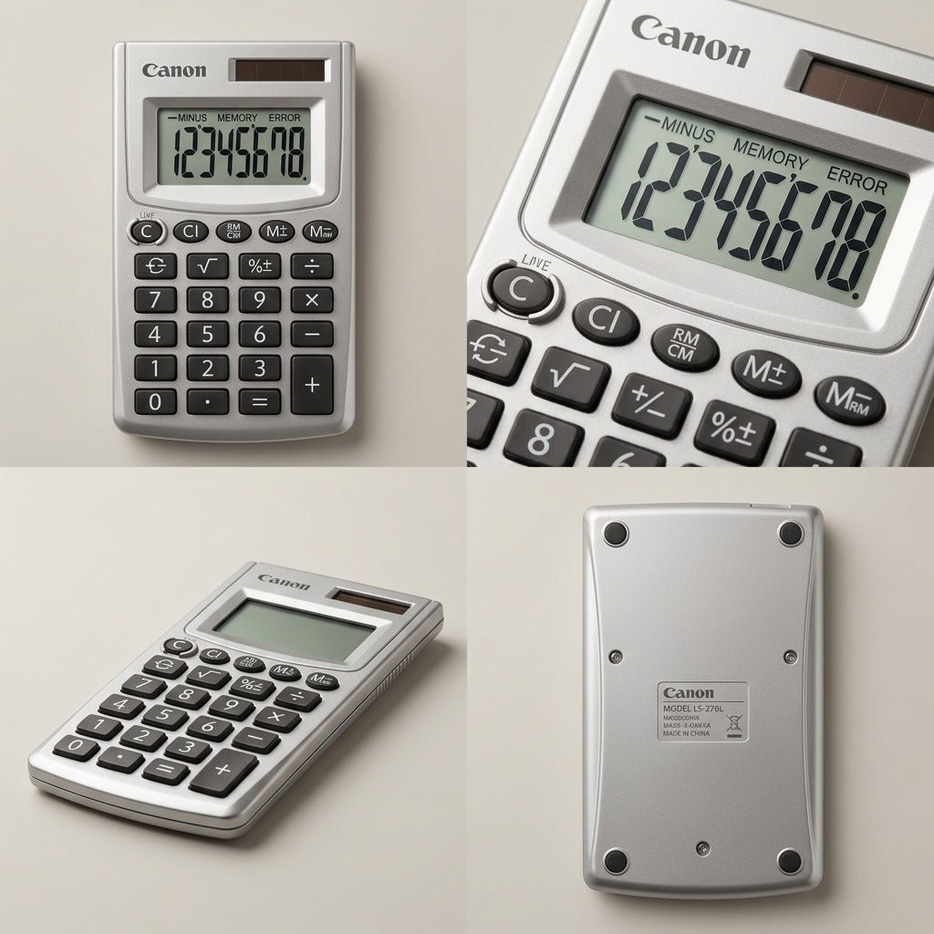 Matrix view of the Canon LS-270L calculator from the top, back, and angled, showing the 8-digit LCD.