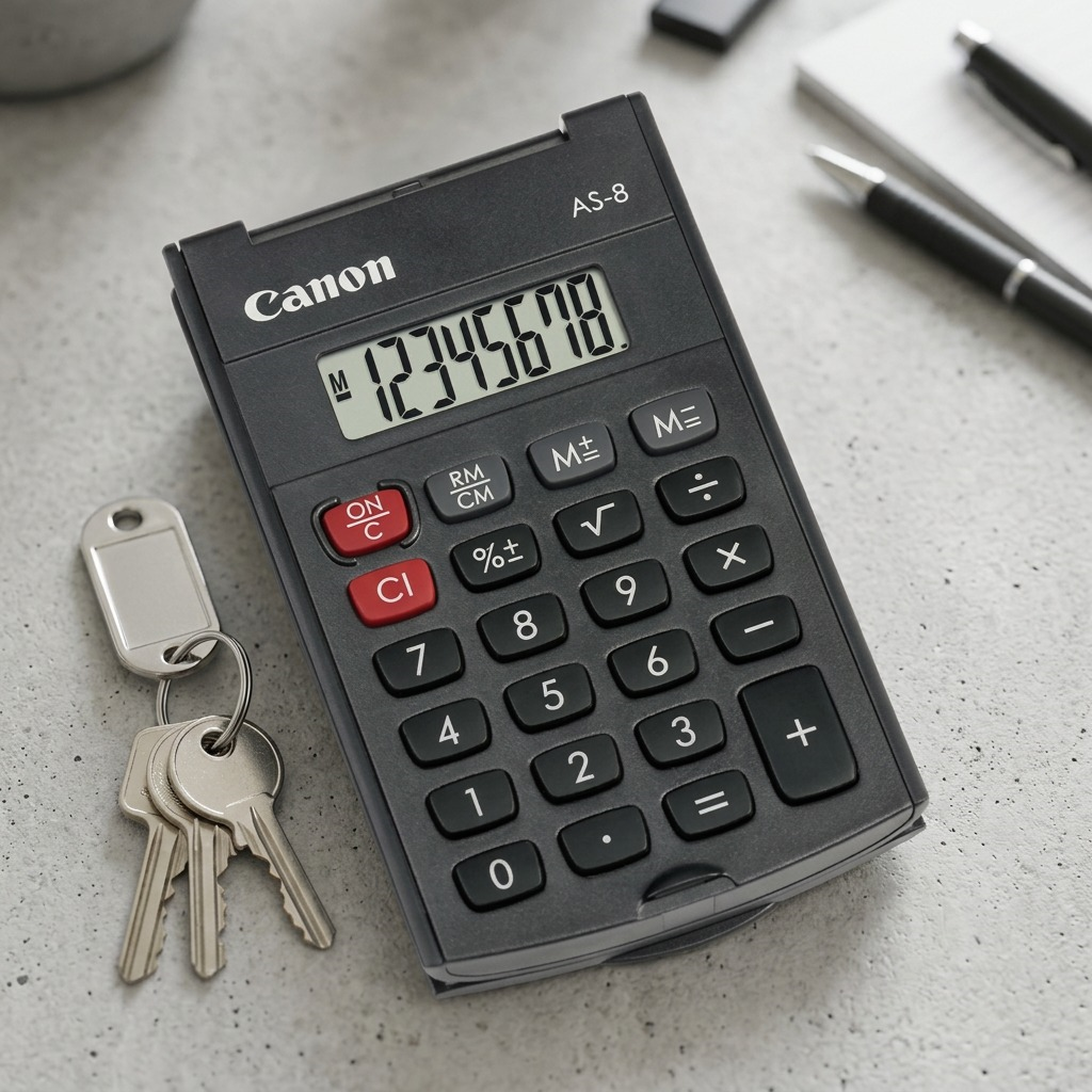 Canon AS-8 handheld 8-digit calculator on a desk next to house keys and pens for scale reference.