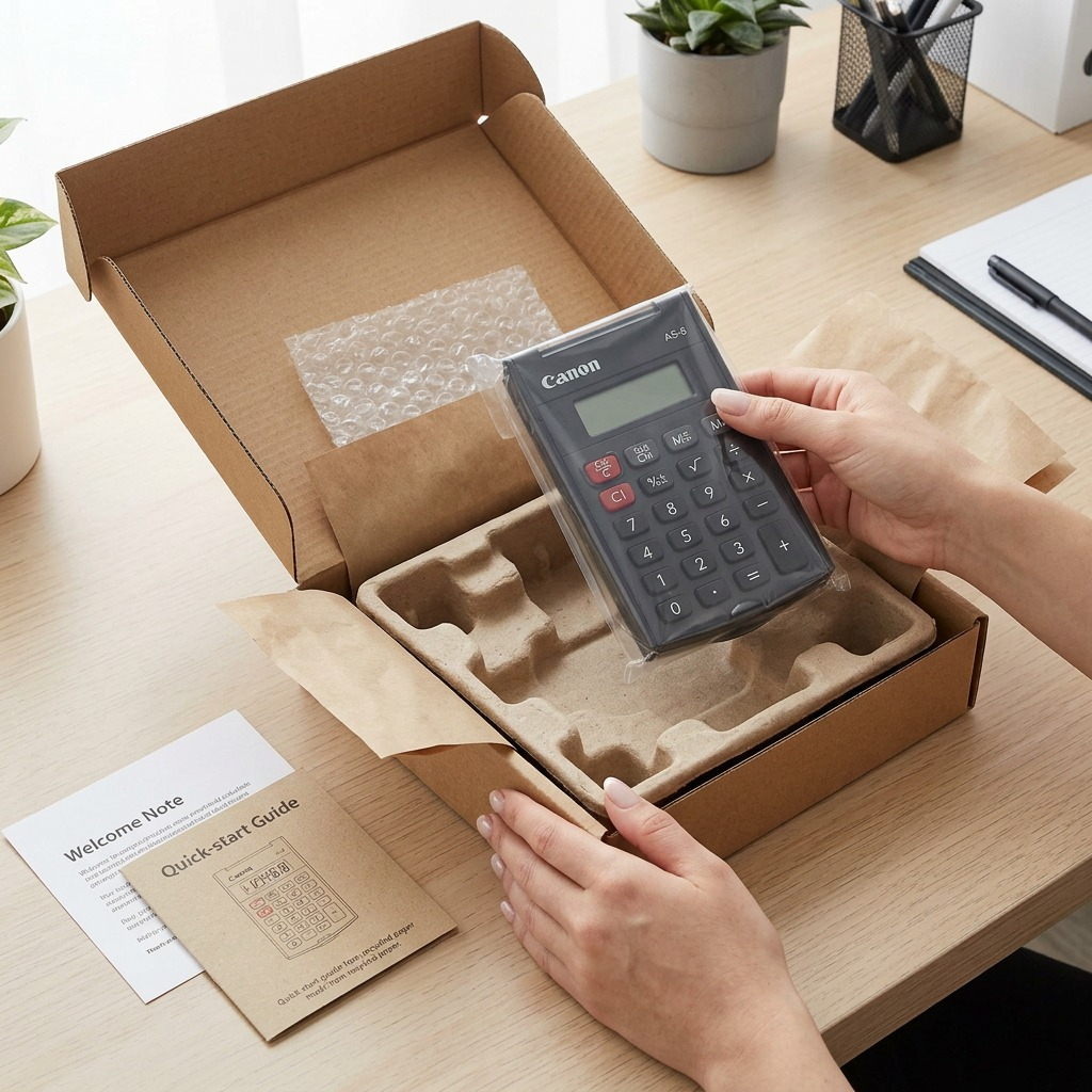 A Canon AS-8 handheld calculator being unboxed from a secure shipping box with paper padding.