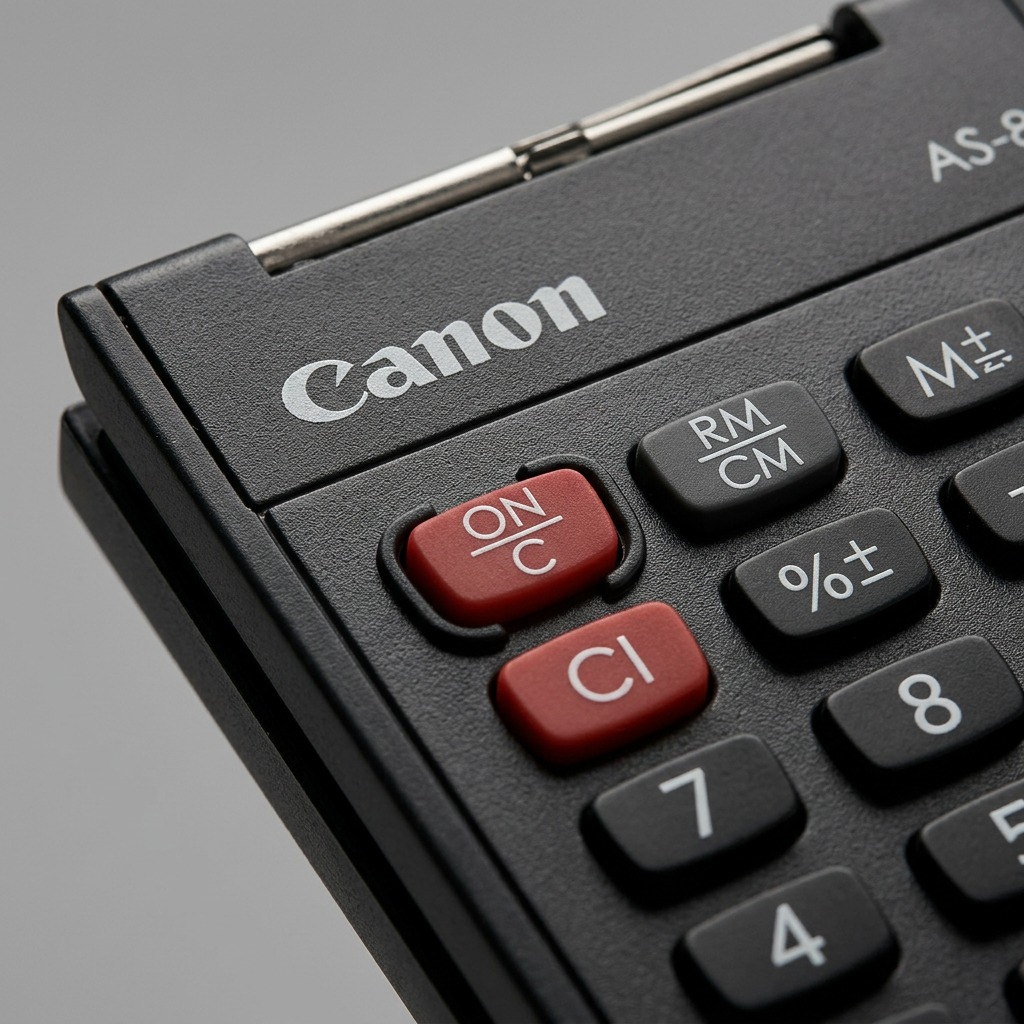 Macro detail of black Canon AS-8 calculator showing red power/clear buttons and textured casing.