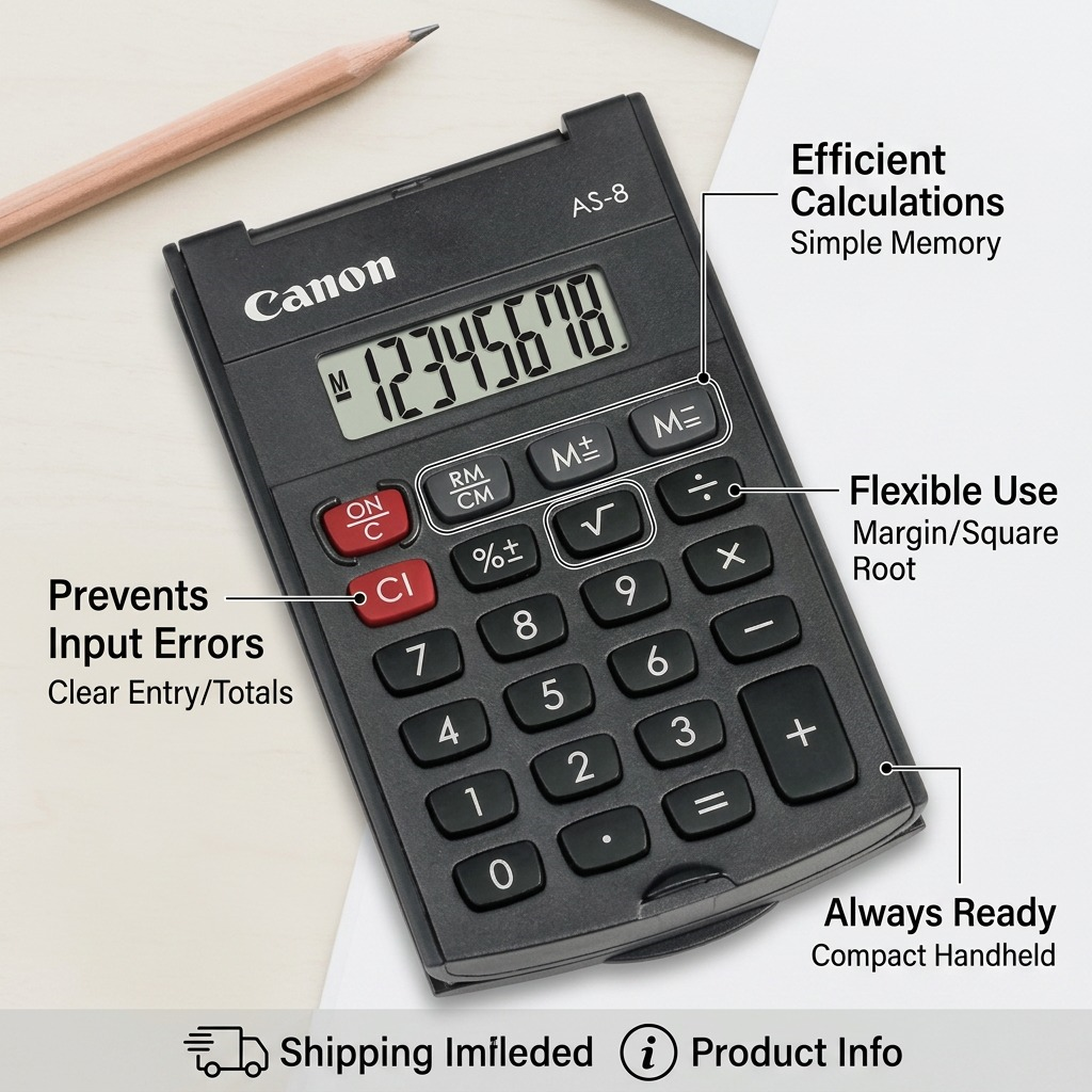 Canon AS-8 handheld calculator showing 8-digit LCD and callouts for memory and math functions.