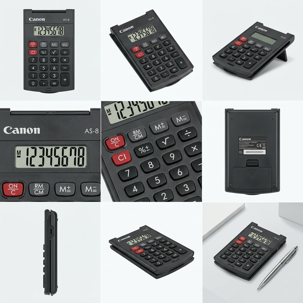 Grid of the Canon AS-8 black 8-digit calculator from multiple angles, showcasing its arc design.
