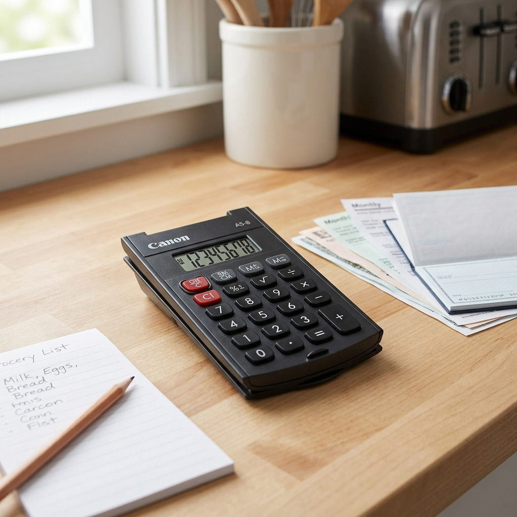 Canon AS-8 8-digit handheld calculator on a kitchen counter with bills, a grocery list, and pen.