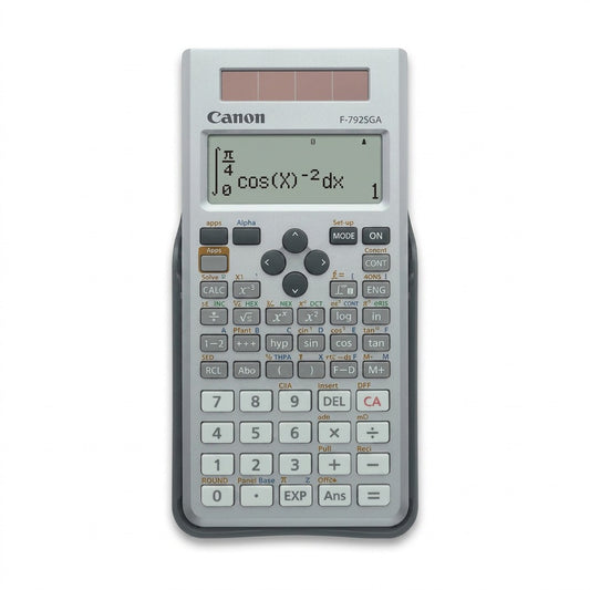 Canon F-792SGA scientific calculator in grey with 4-line display, solar panel, and hard case.