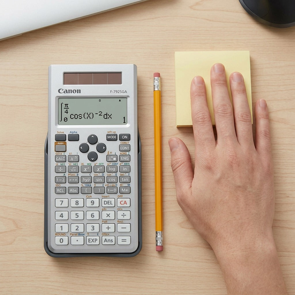 Canon F-792SGA scientific calculator on a desk next to a pencil and a hand for size comparison.