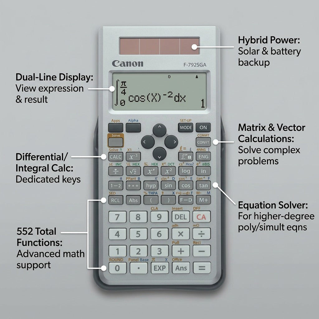 Canon F-792SGA scientific calculator feature graphic showing solar power and 648 math functions.