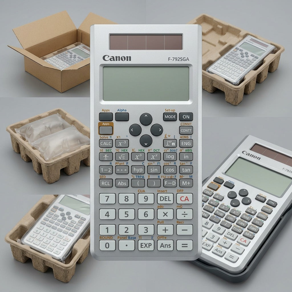 Canon F-792SGA scientific calculator in protective shipping box with molded pulp tray packaging.