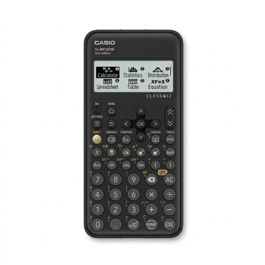 Casio FX-9910CW ClassWiz scientific calculator in black on a white background.