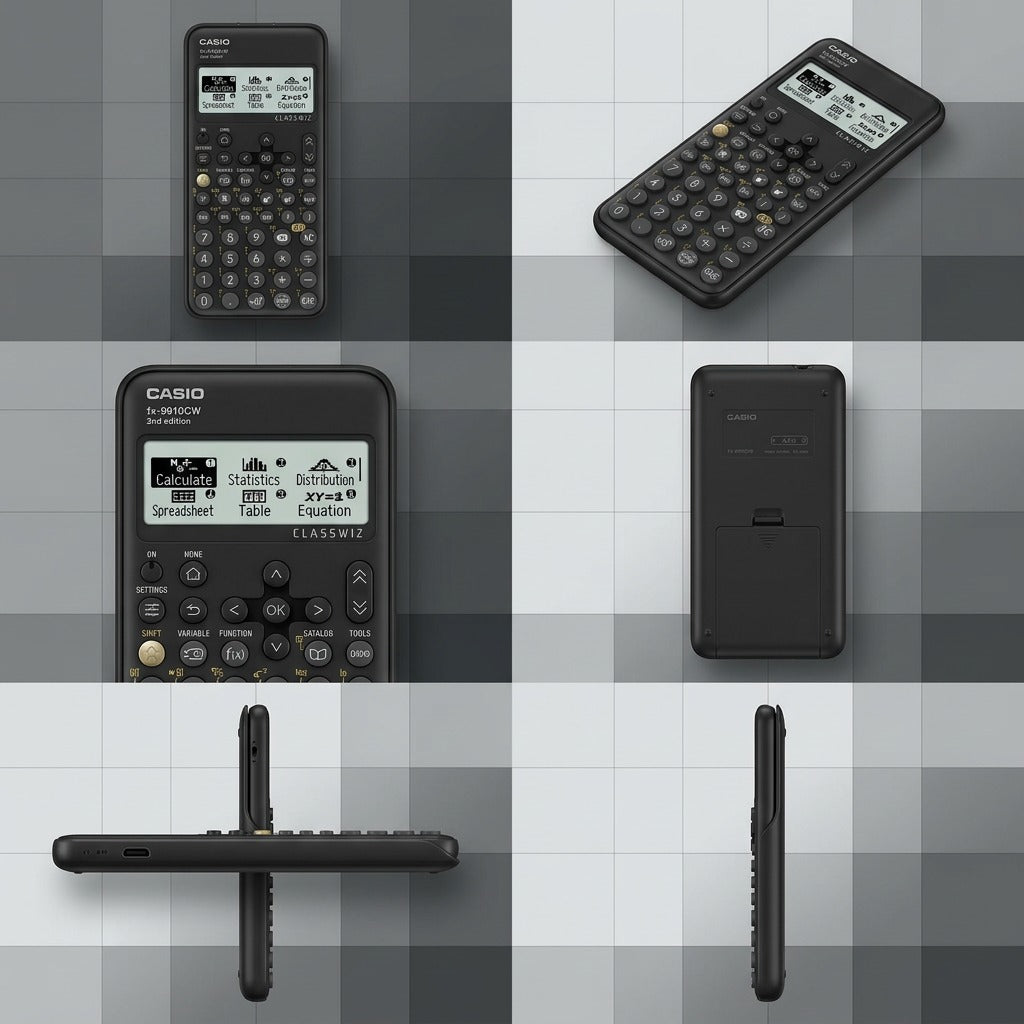 Casio FX-9910CW scientific calculator shown from multiple angles including front, back, and side.