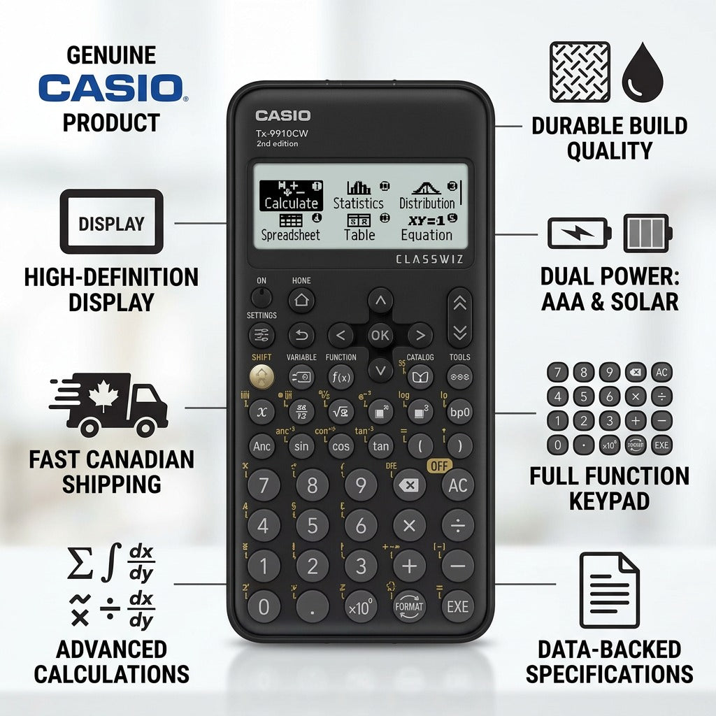 Casio FX-9910CW calculator infographic highlighting durable build, dual power, and fast Canadian shipping.