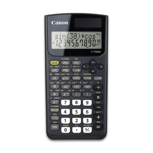 Front view of a Canon F-730SX black scientific calculator with a 2-line LCD and solar panel.