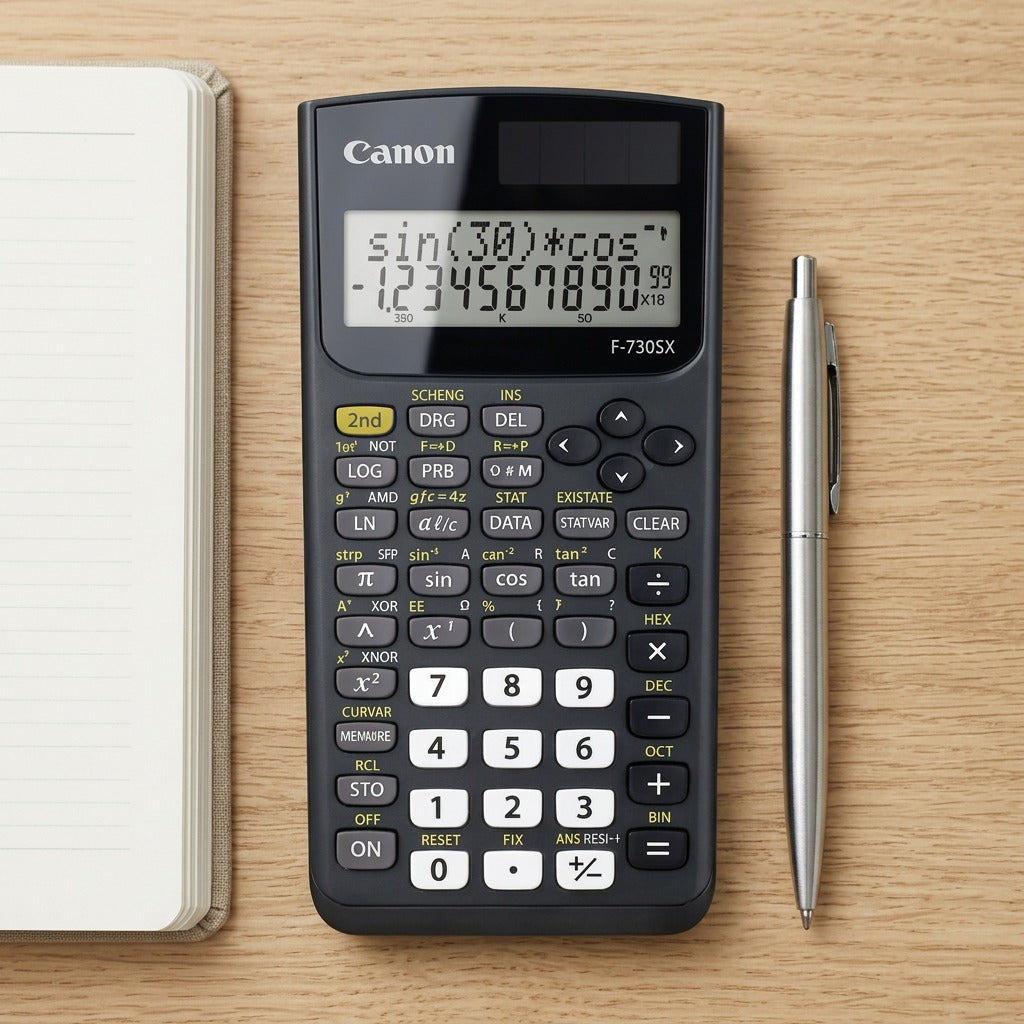 Black Canon F-730SX scientific calculator on a wooden desk next to a notebook and silver pen.