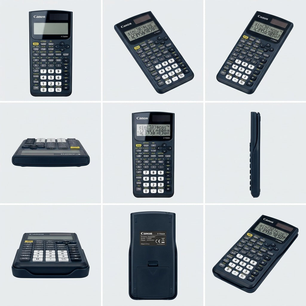 Grid of nine views showing the Canon F-730SX Scientific Calculator from multiple angles and sides.