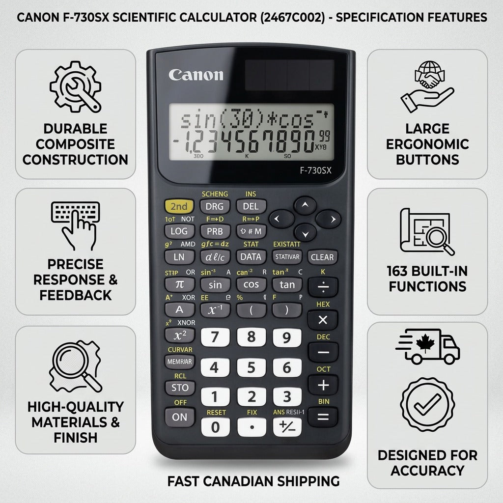Canon F-730SX scientific calculator infographic highlighting 163 functions and Canadian shipping.