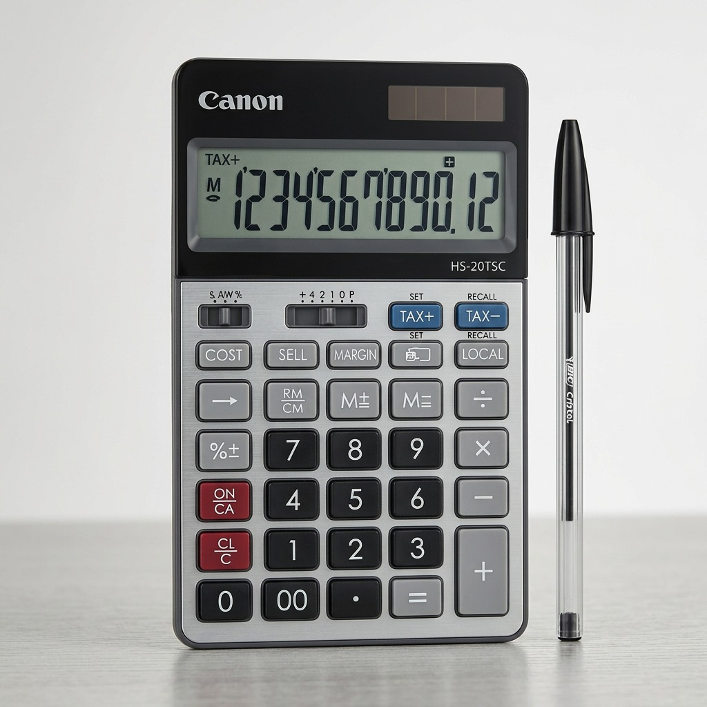 Canon HS-20TSC 12-digit desktop calculator standing next to a standard ballpoint pen for scale.