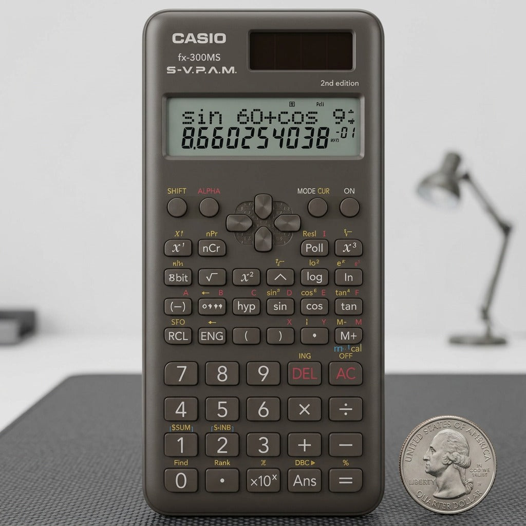 Casio FX300MSPLUS2 scientific calculator placed next to a quarter for size and scale reference.