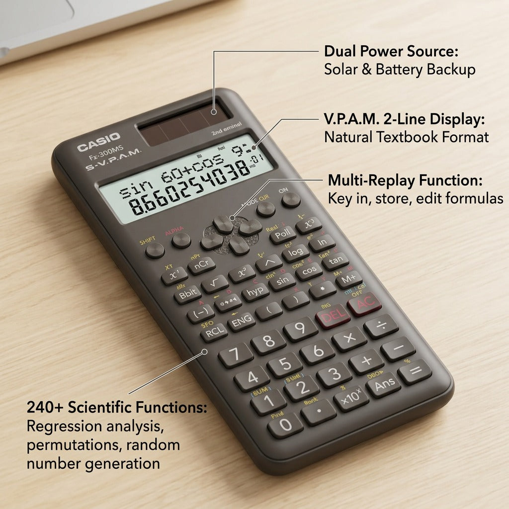 Casio scientific calculator with callouts showing dual power, 2-line display, and 240+ functions.