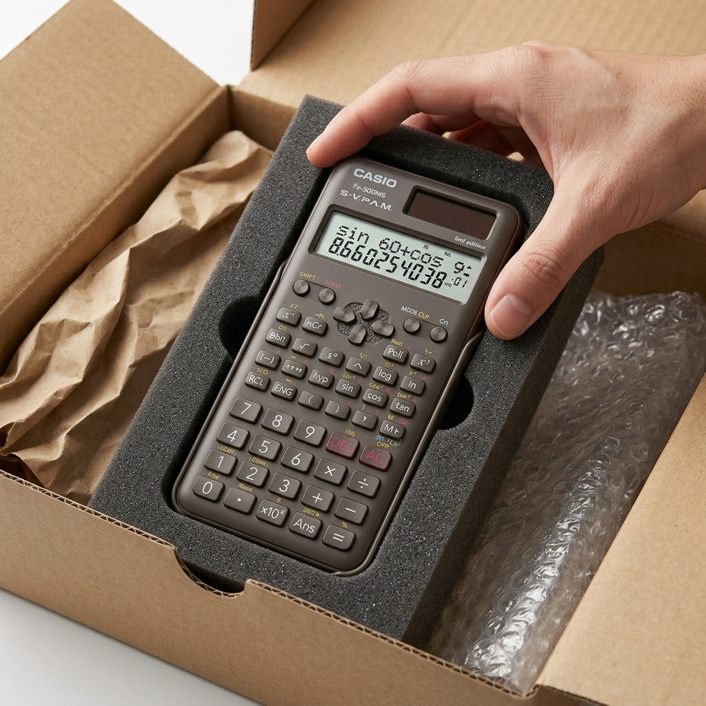 Casio scientific calculator safely packed in a shipping box with foam and protective materials.