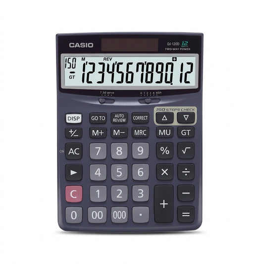 Casio DJ-120D 12-digit desktop calculator with 150-step check, solar power, and tax keys.