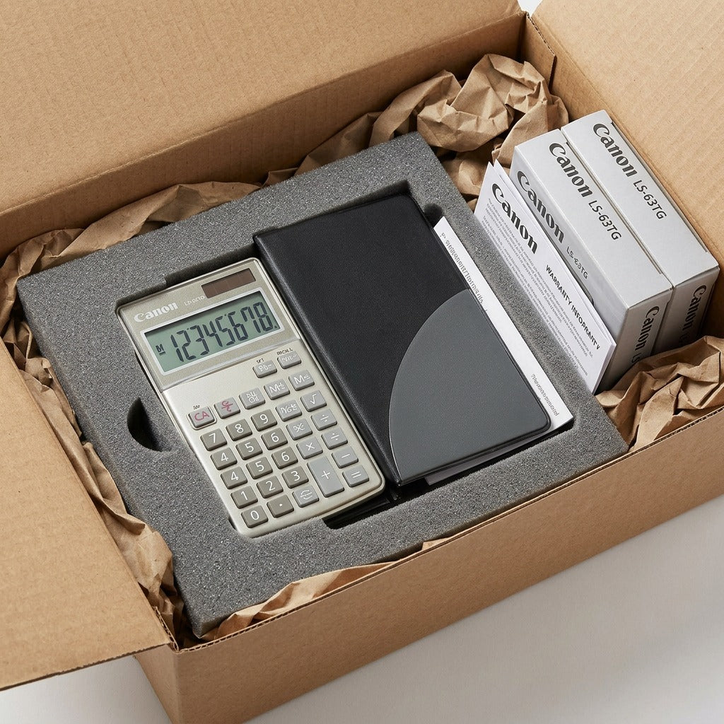 A Canon LS-63TG calculator securely packed in a shipping box with foam and protective paper.