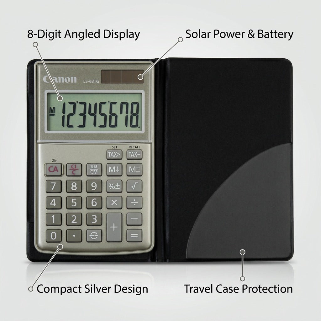 Canon LS-63TG handheld calculator with labels highlighting 8-digit display, solar power, and case.