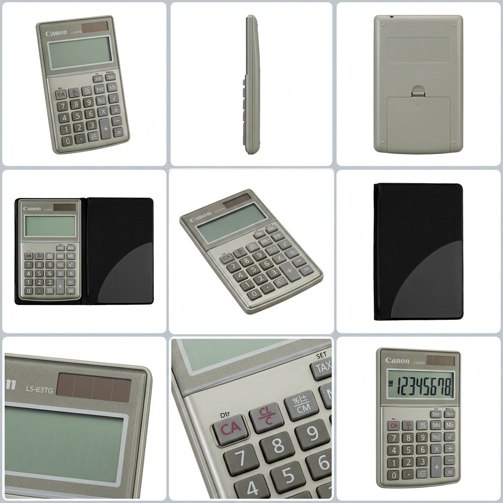 Grid showing the Canon LS-63TG handheld calculator from various angles including with its case.