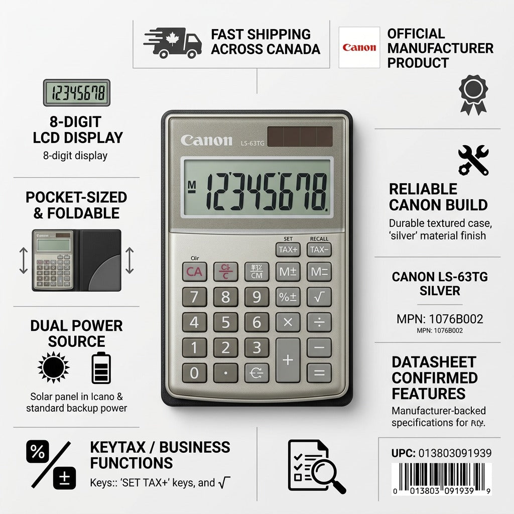 Canon LS-63TG handheld calculator infographic highlighting 8-digit LCD and Canada-wide shipping.