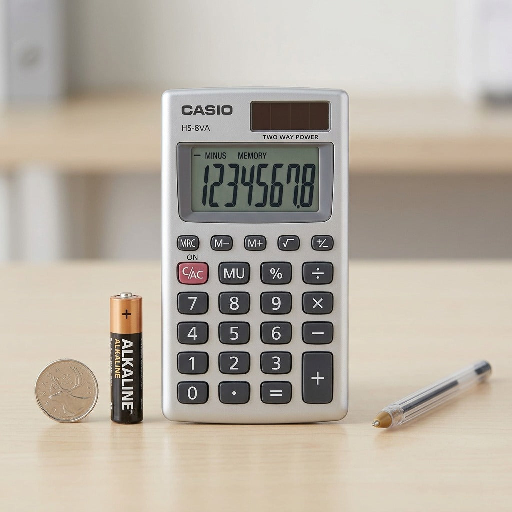 Casio HS-8VA handheld calculator shown on a desk beside an AA battery, coin, and pen for scale.