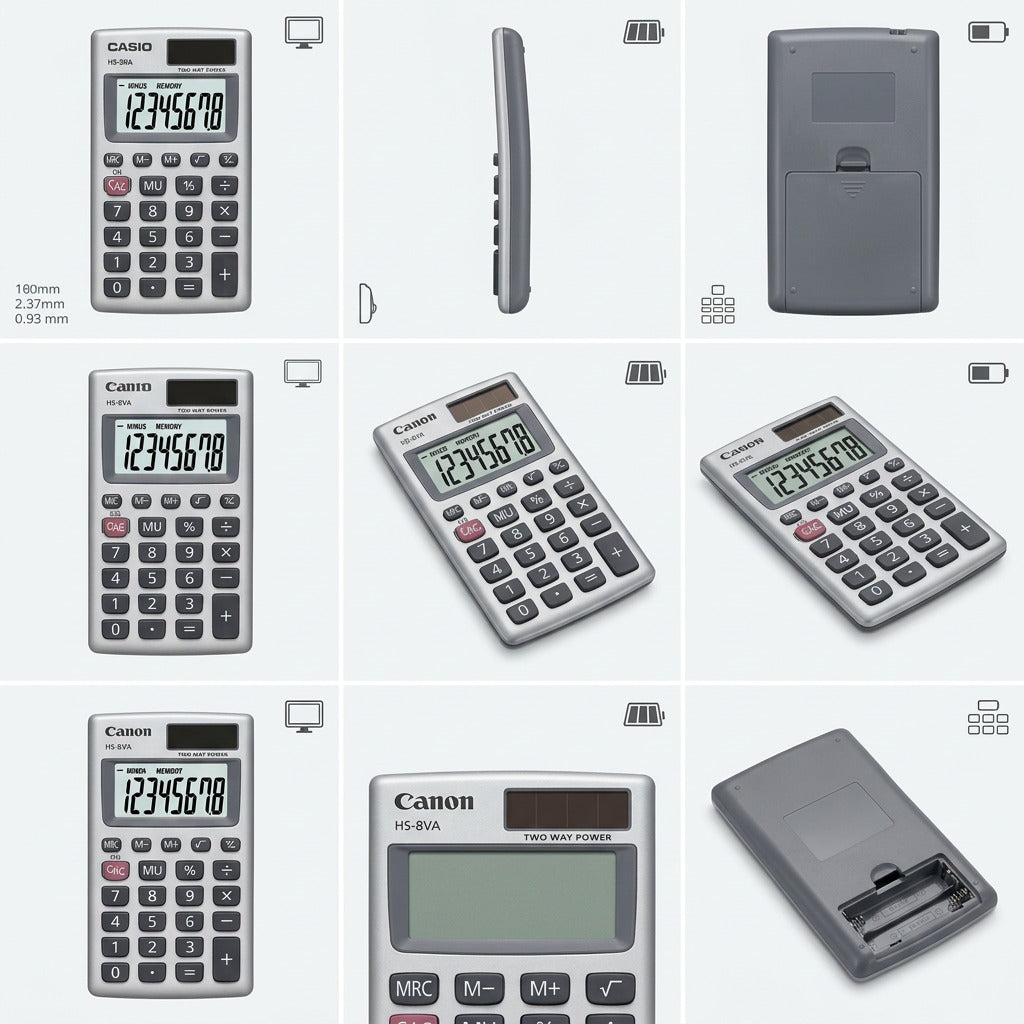 Grid of nine images showing the Casio HS-8VA calculator from various angles including front, side, back, and detail views.