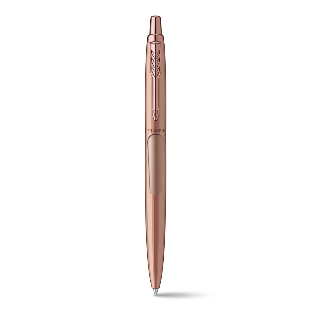 Parker Jotter XL monochrome matte rose gold ballpoint pen with signature arrow clip on white.