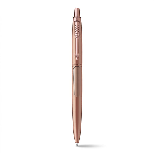 Parker Jotter XL monochrome matte rose gold ballpoint pen with signature arrow clip on white.