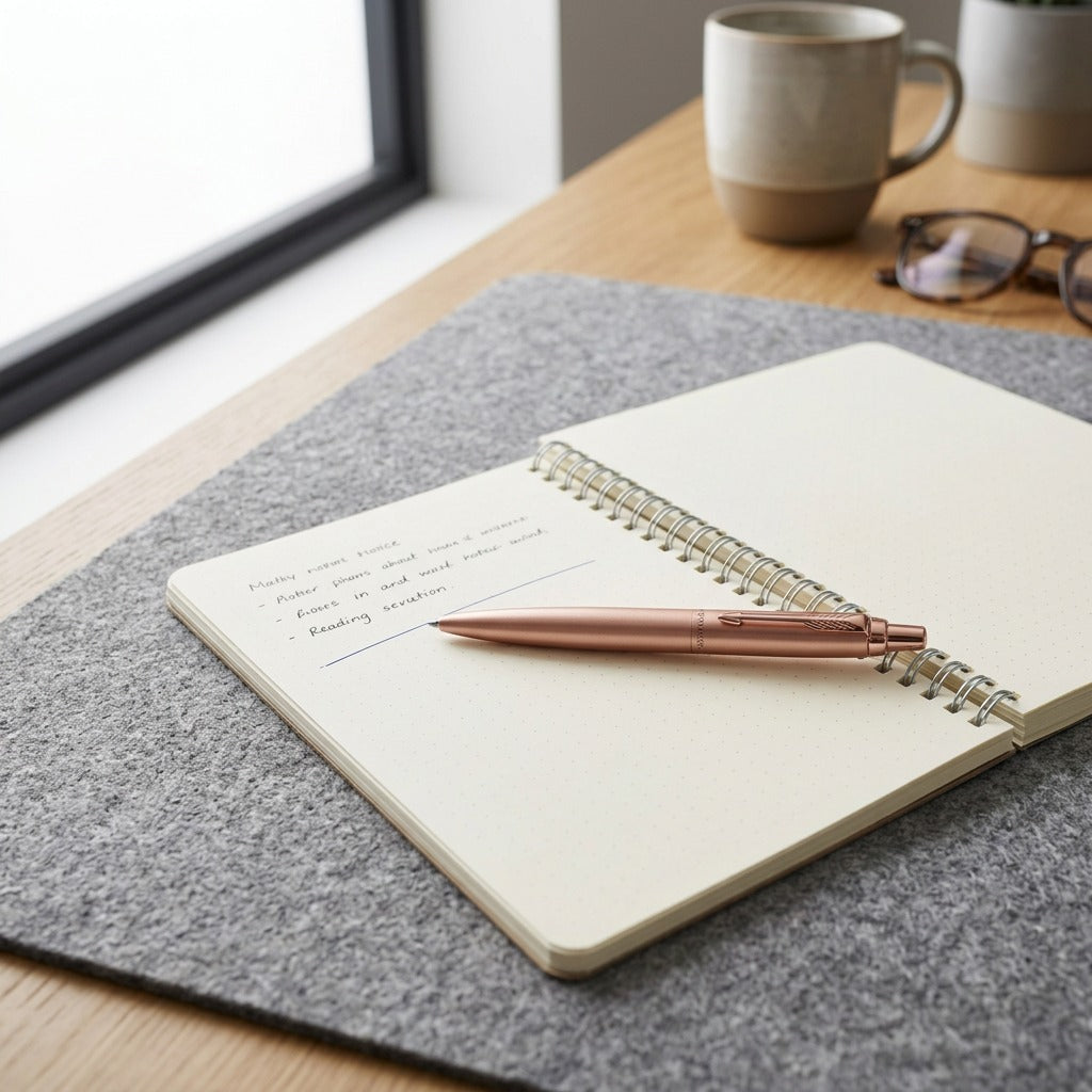 Parker Jotter XL Monochrome Matte Rose Gold pen resting on an open spiral notebook in a home office.