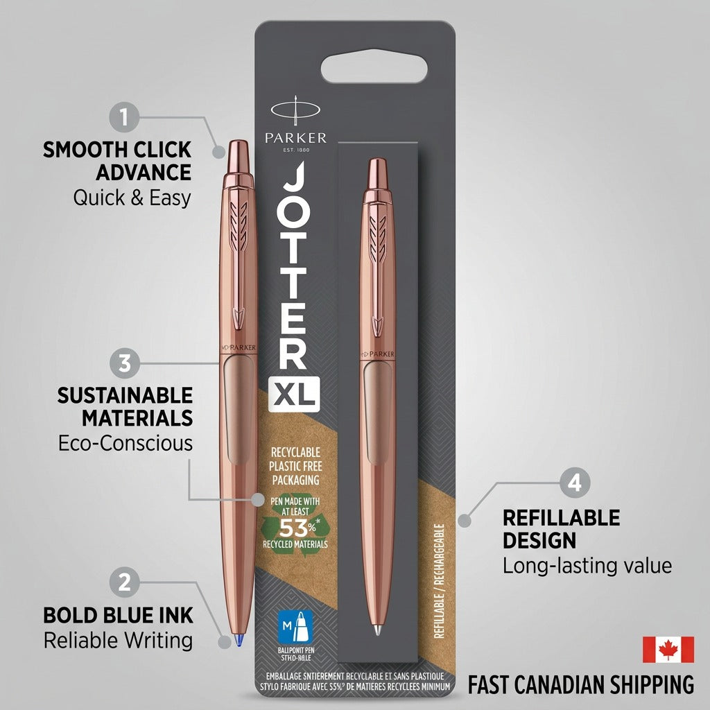 Parker Jotter XL Matte Rose Gold pen features infographic highlighting its click advance and blue ink.