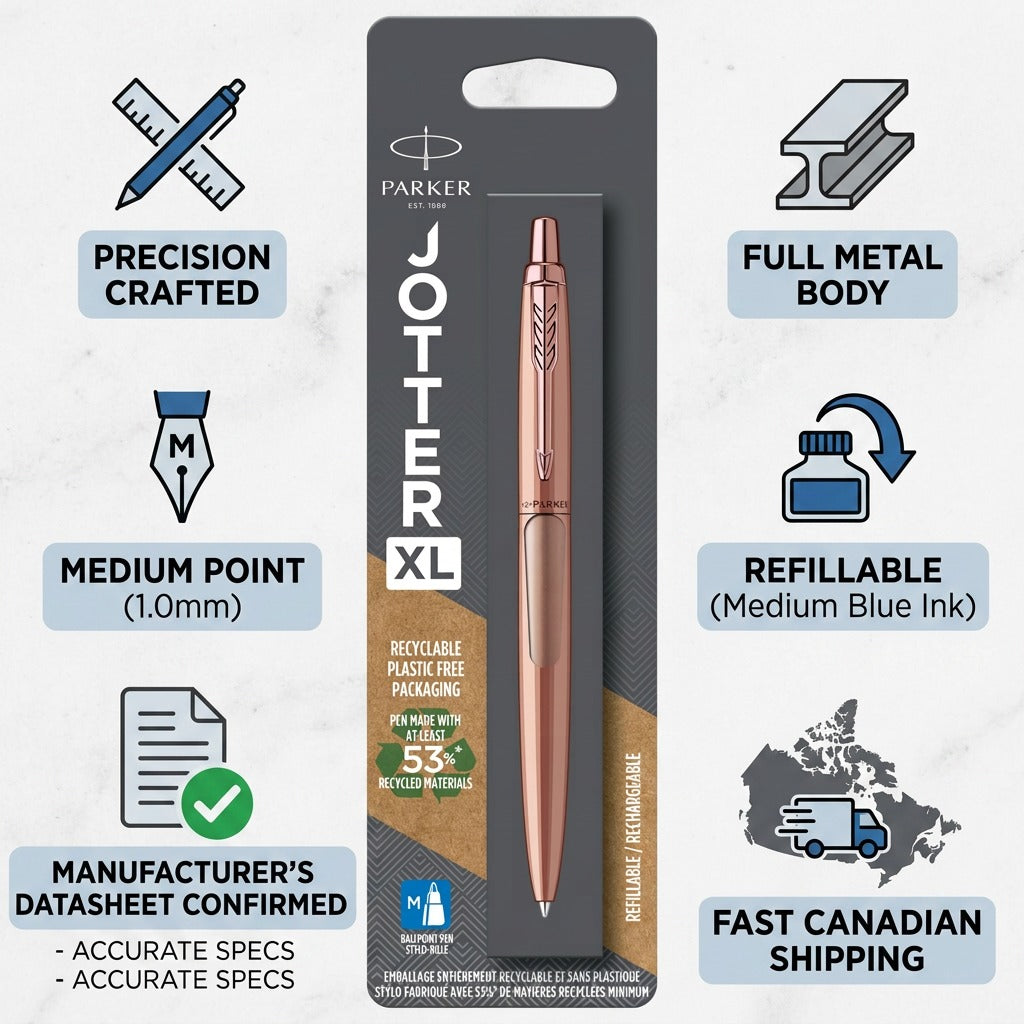 Infographic for Parker Jotter XL Matte Rose Gold pen highlighting full metal body and medium point.