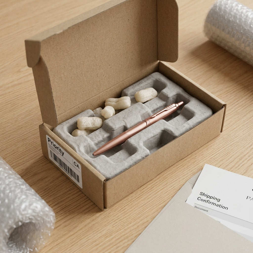 Parker Jotter XL Matte Rose Gold pen securely packed in a shipping box with protective inserts.