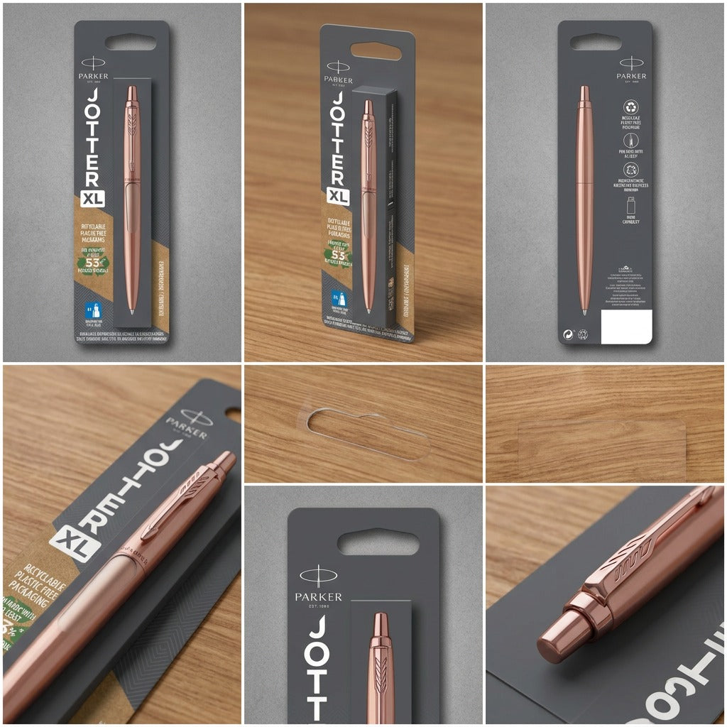 Grid of the Parker Jotter XL Matte Rose Gold pen in its blister pack from multiple angles and close-ups.
